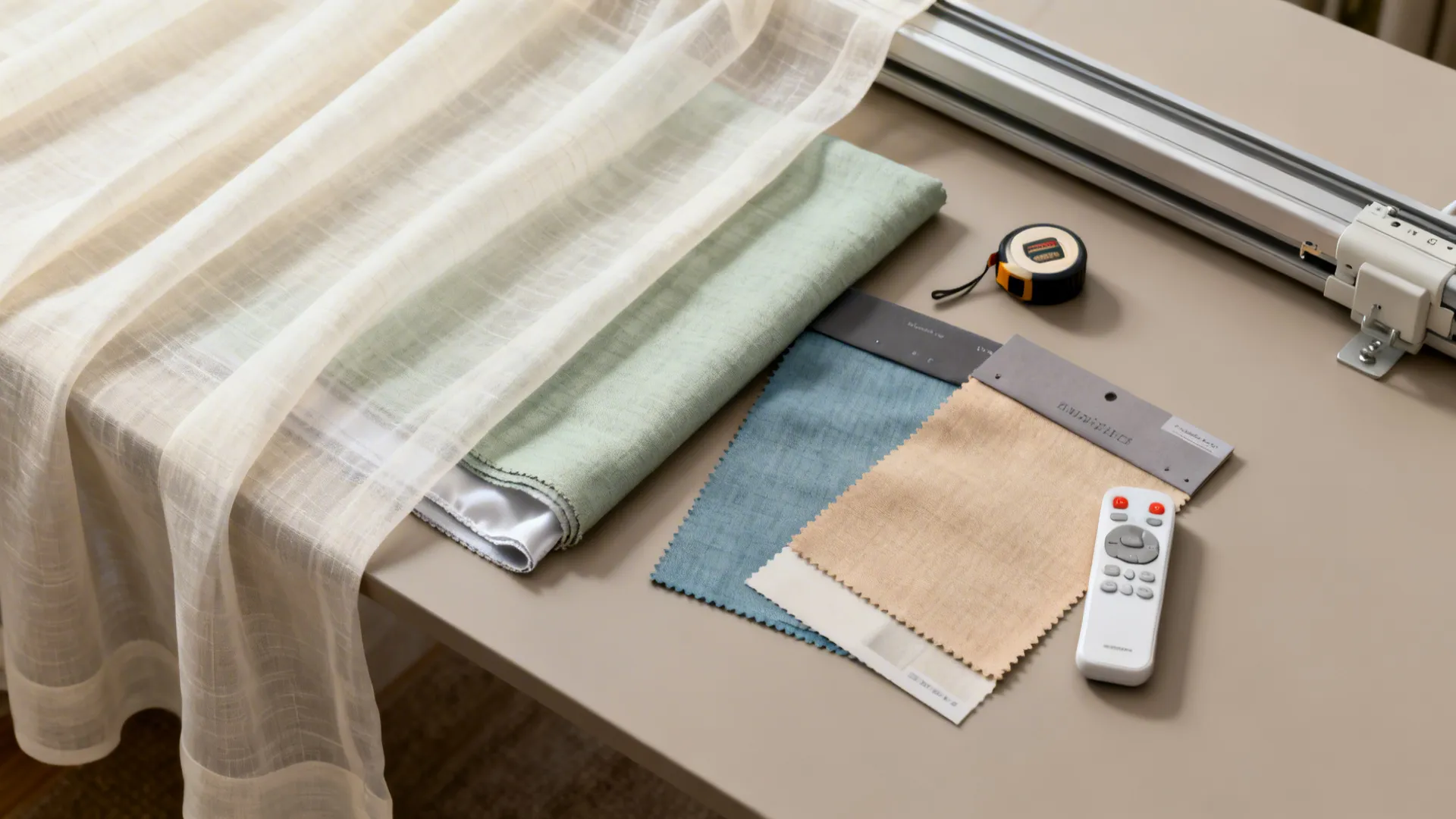 Top-down view of sheer fabric swatches and blackout lining samples with measuring tape