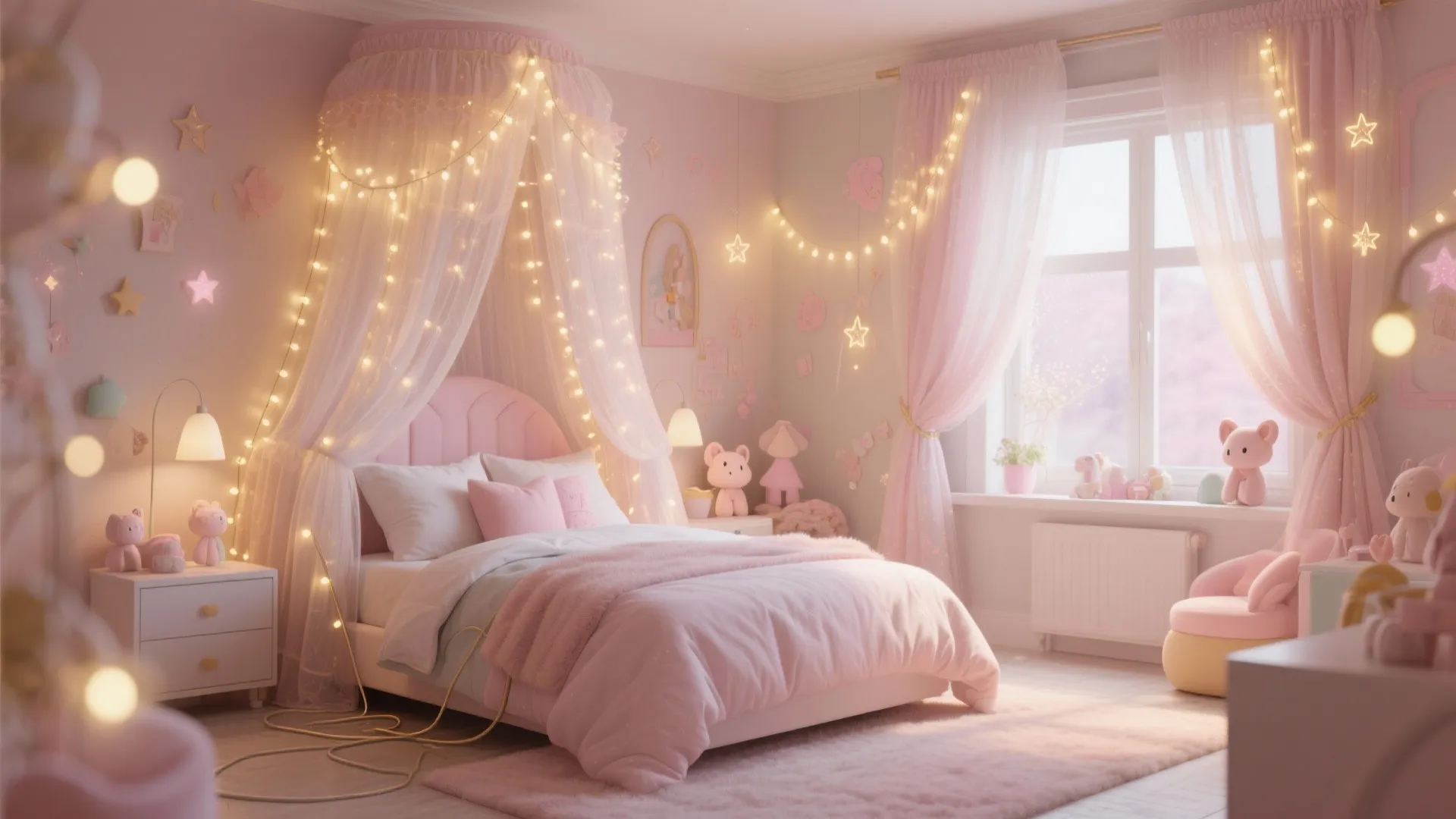 Girls bedroom with sheer curtains and fairy lights