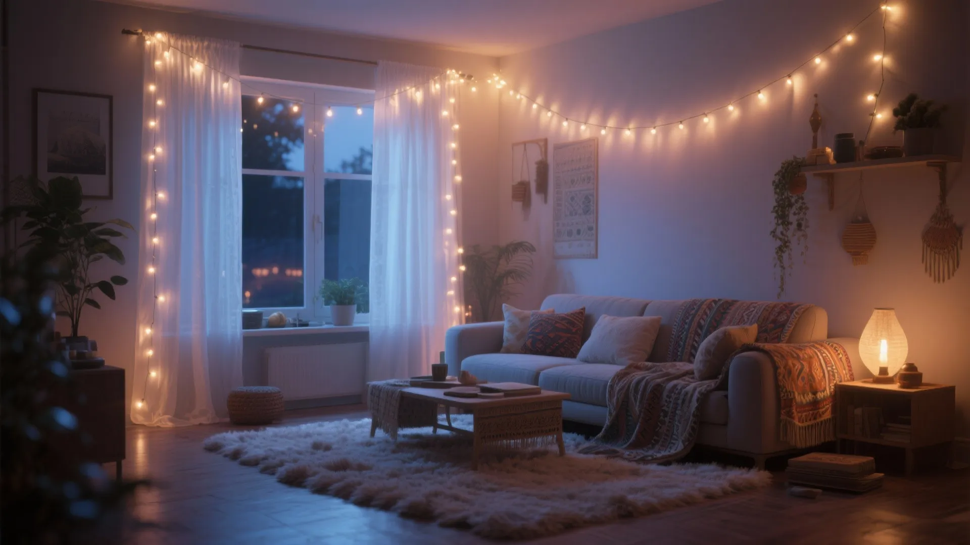 6. Sheer White Curtains with Fairy Lights
