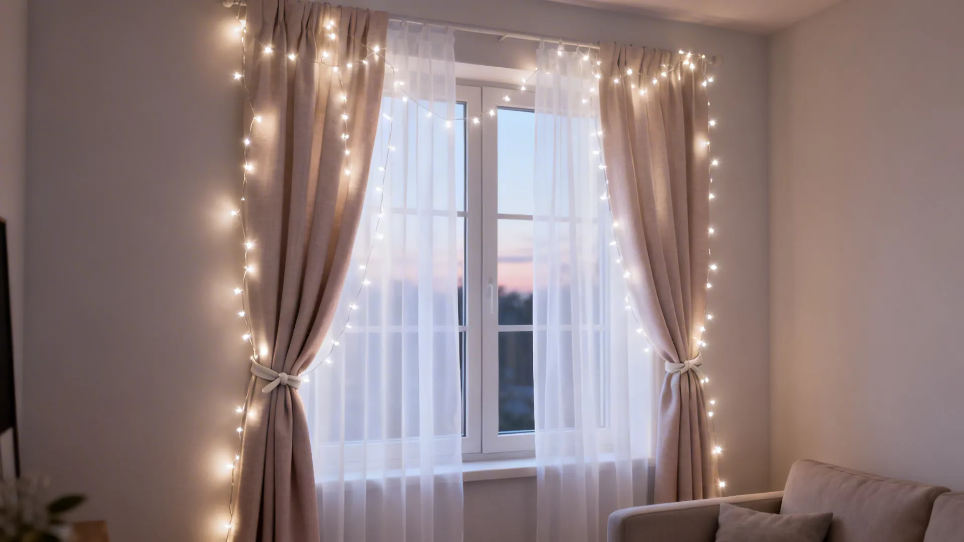 Beige curtains and white sheer curtains with star string lights next to a comfortable grey sofa