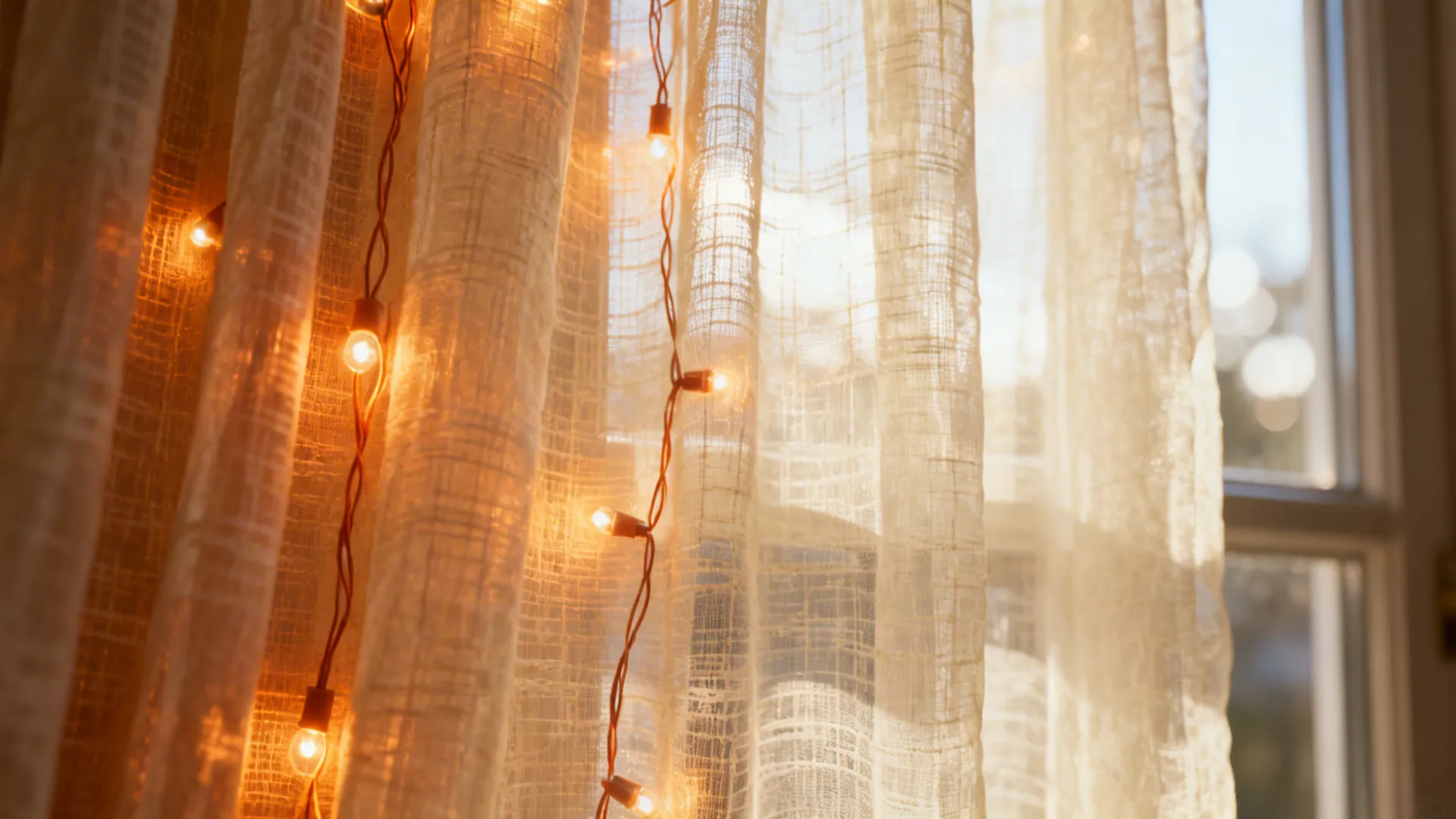 1. Layered Sheer Curtains with Fairy Lights
