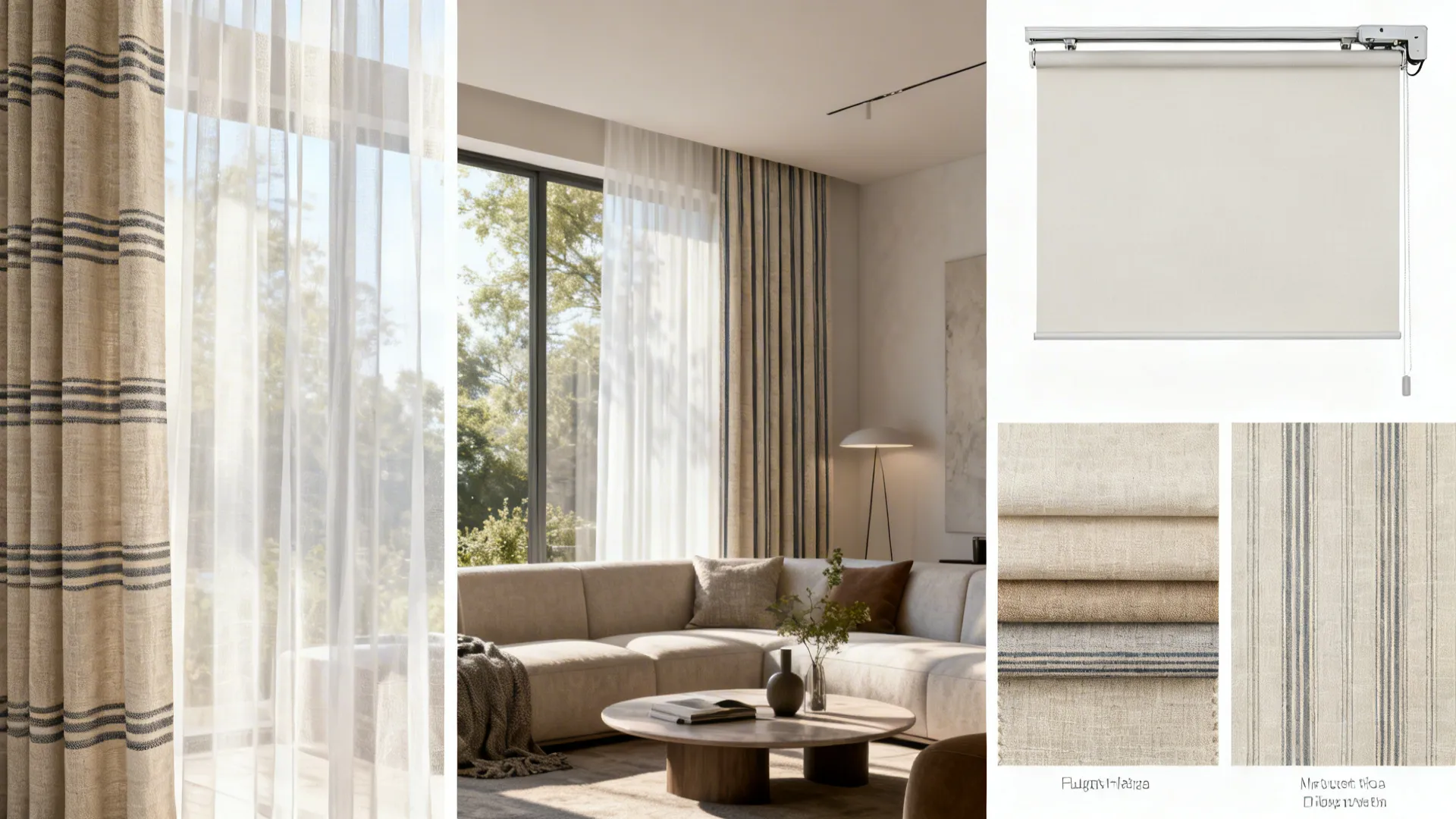 Collage of sheer fabric types and installation options including voile, linen-blend, patterned sheers and motorized track.