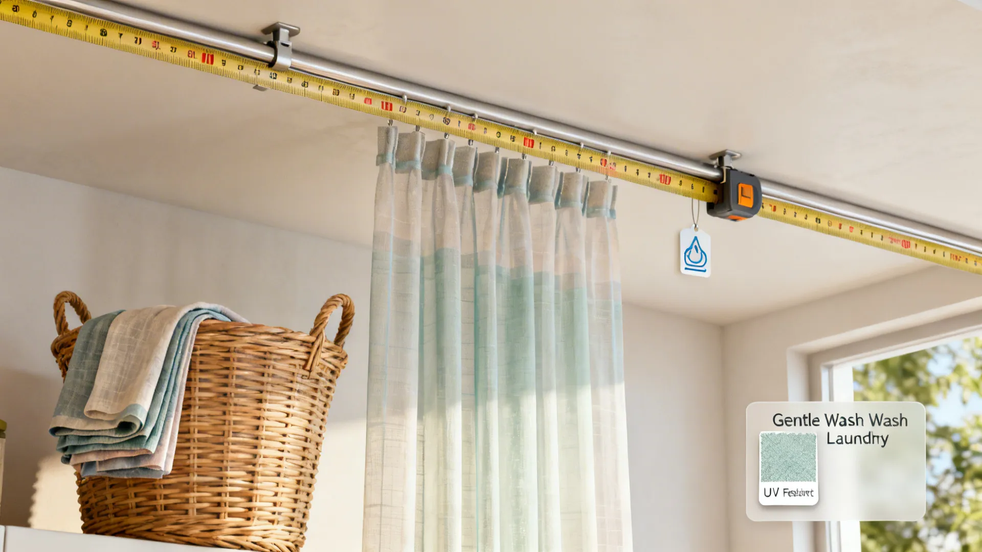 Practical details for sheers: measuring tape, folded fabrics, care symbols and UV-resistant swatch.