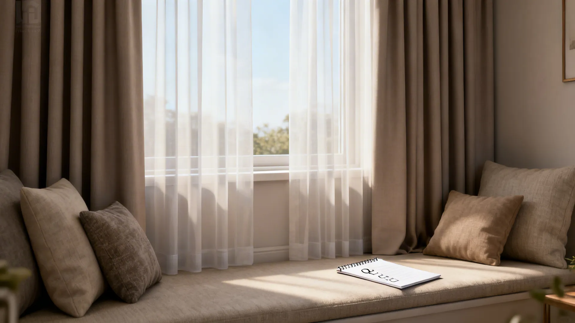 Vignette showing layered sheers and blackout panels with a checklist, illustrating common curtain FAQs.