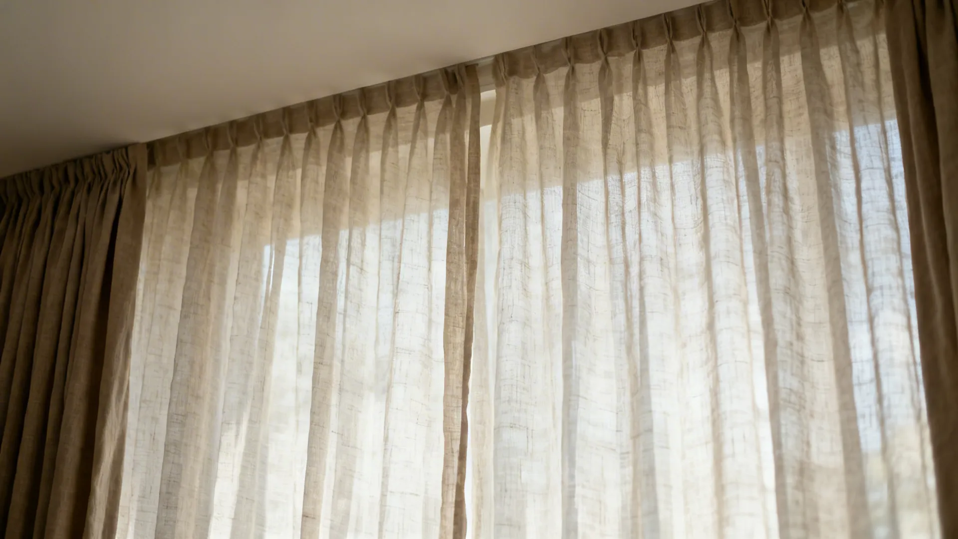 Light brown thin fabric curtains hanging from ceiling to floor in front of large windows