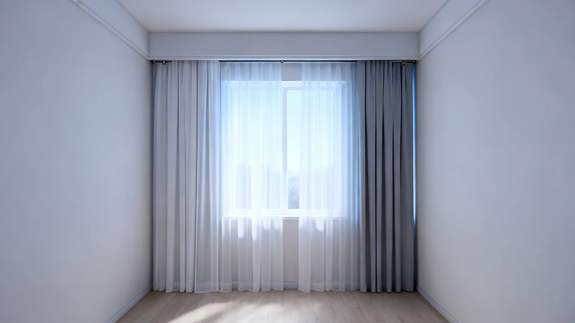Floor-to-ceiling sheer curtains with hidden blackout layer diffusing daylight in a small living room.