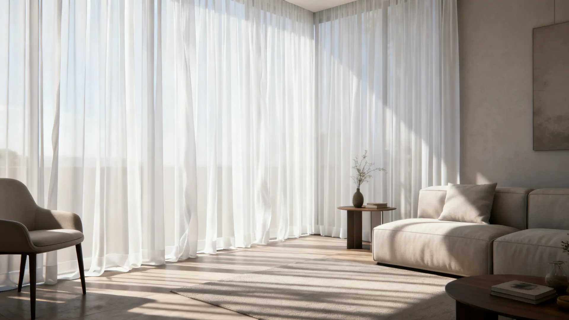 Small living room with floor-to-ceiling sheer white curtains diffusing daylight
