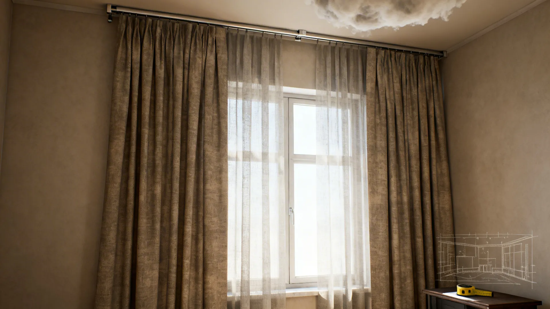 Ceiling-mounted full-height sheers with heavy side drapes creating a layered, floating look at a large window.