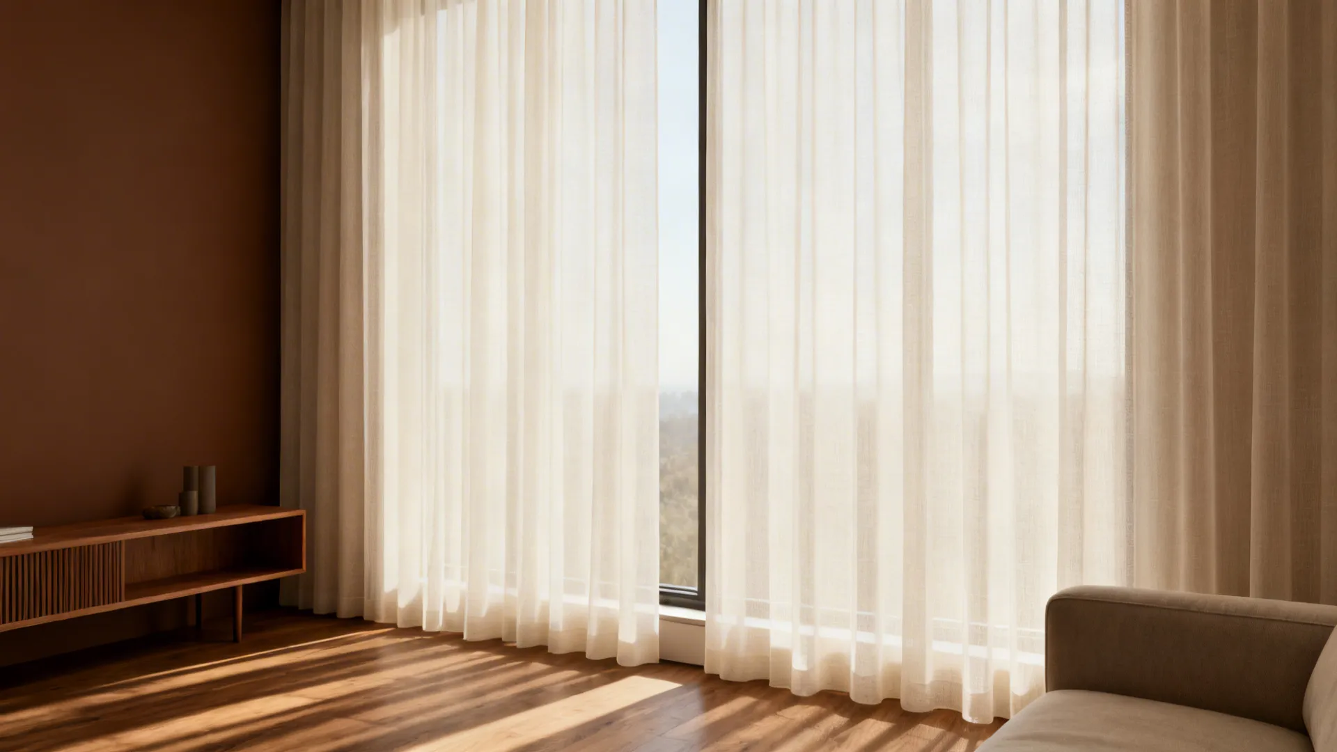 Narrow brown living room window with floor-length sheer ivory curtains letting in soft daylight.