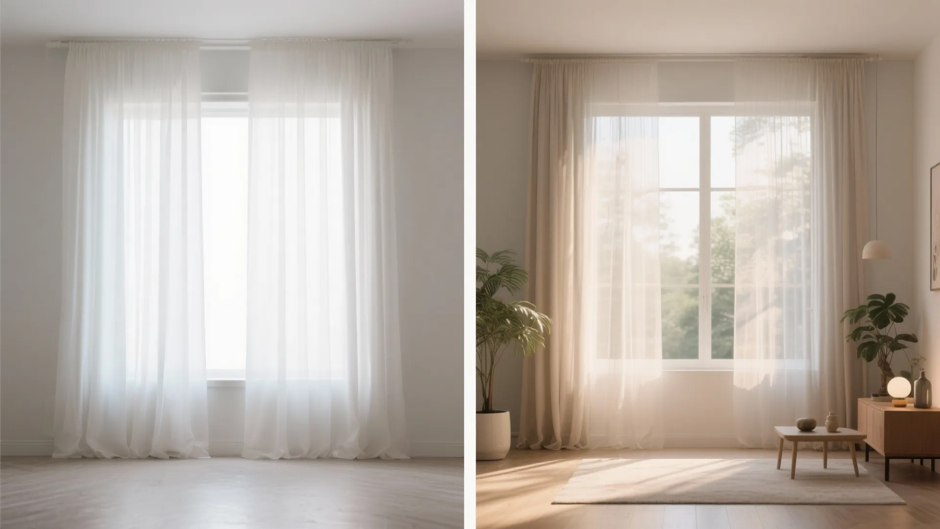 Side-by-side comparison of a window with plain white curtains versus a fully decorated living room