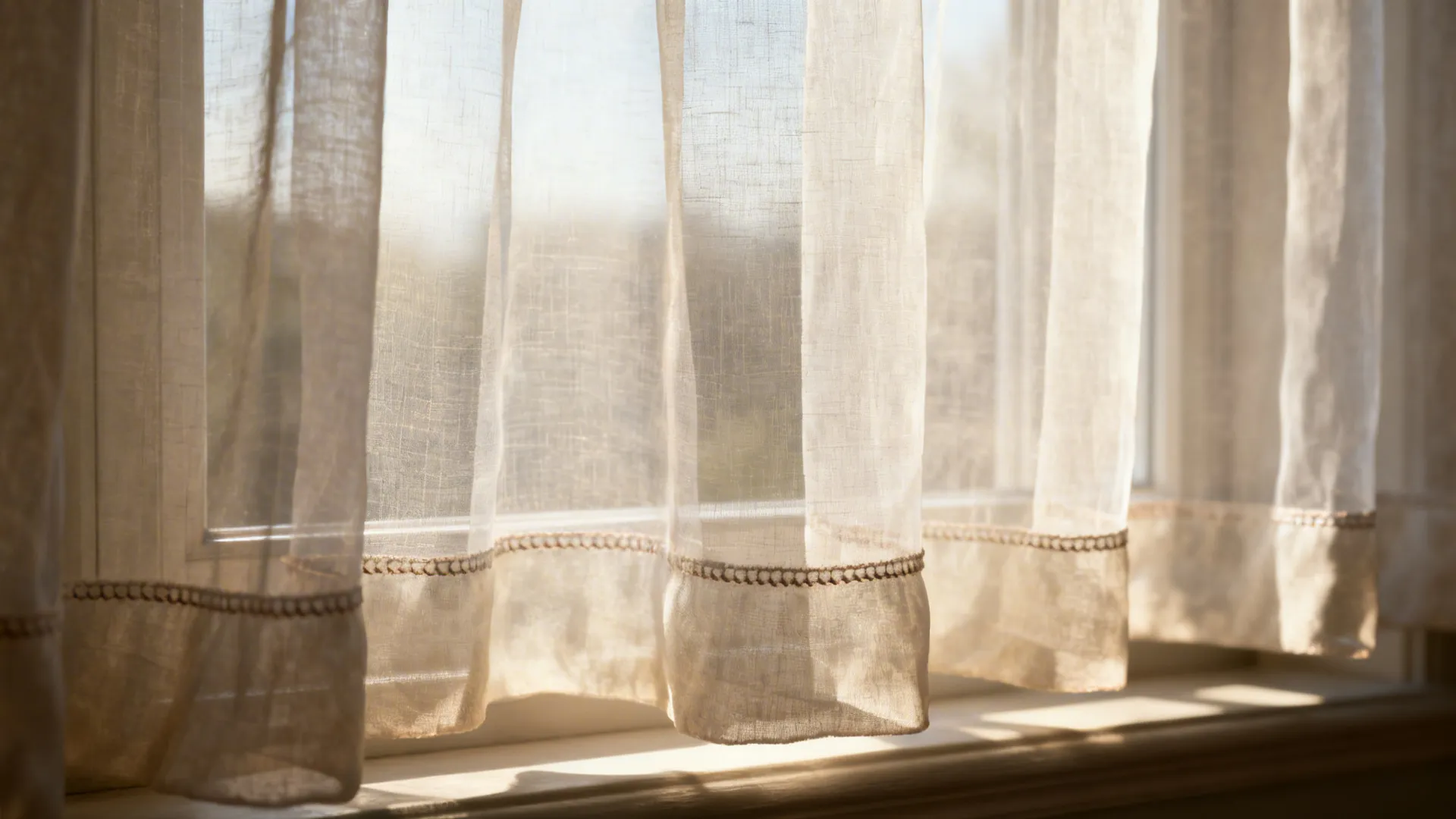 Close up of thin white fabric window curtains with decorative brown stitching in bright sunlight
