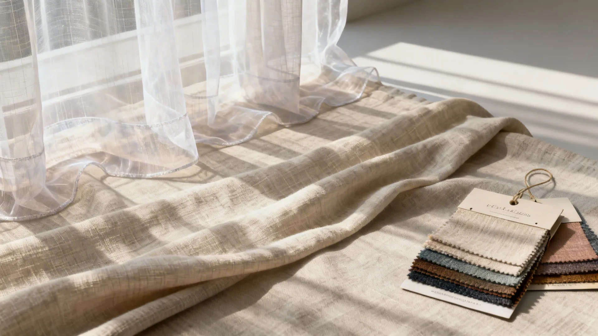 Flatlay of sheer and linen curtain fabric samples showing texture and layers.