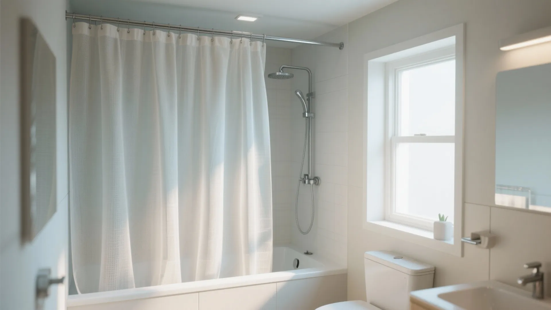 Bright bathroom with white sheer shower curtain next to window with natural light and white tiles