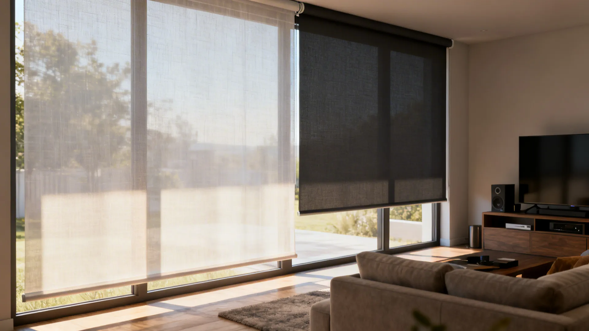 Double roller blinds with sheer and blackout layers in a living room, showing filtered daylight.