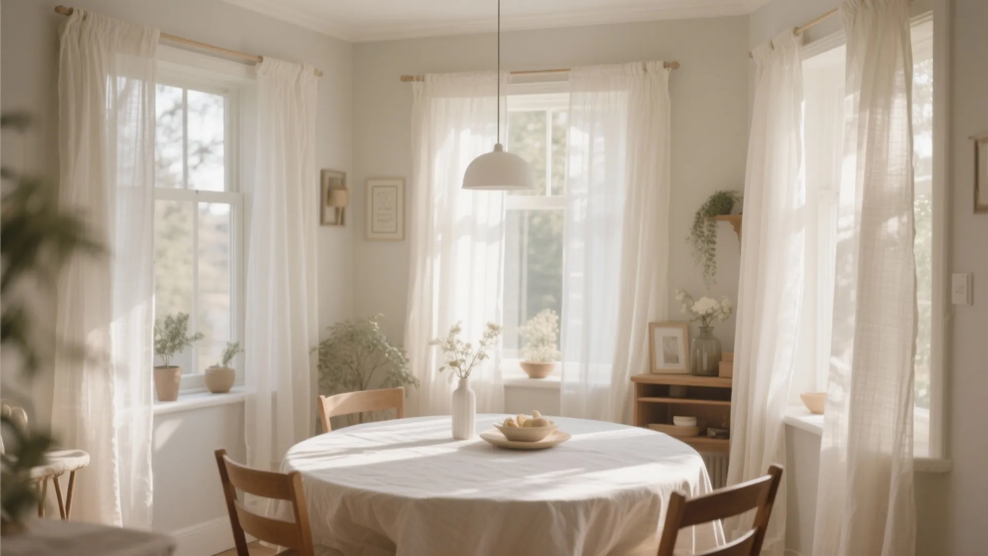 Layered sheer and linen curtains in a bright dining room