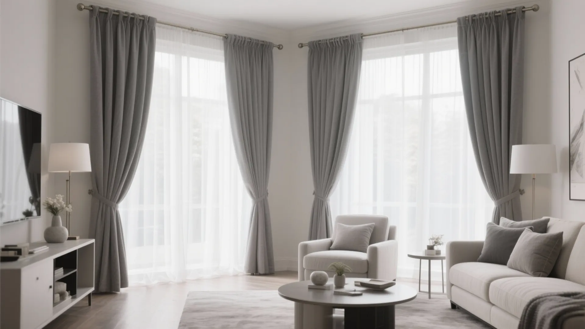 Bright living room featuring light grey curtains over white sheer curtains with modern beige furniture