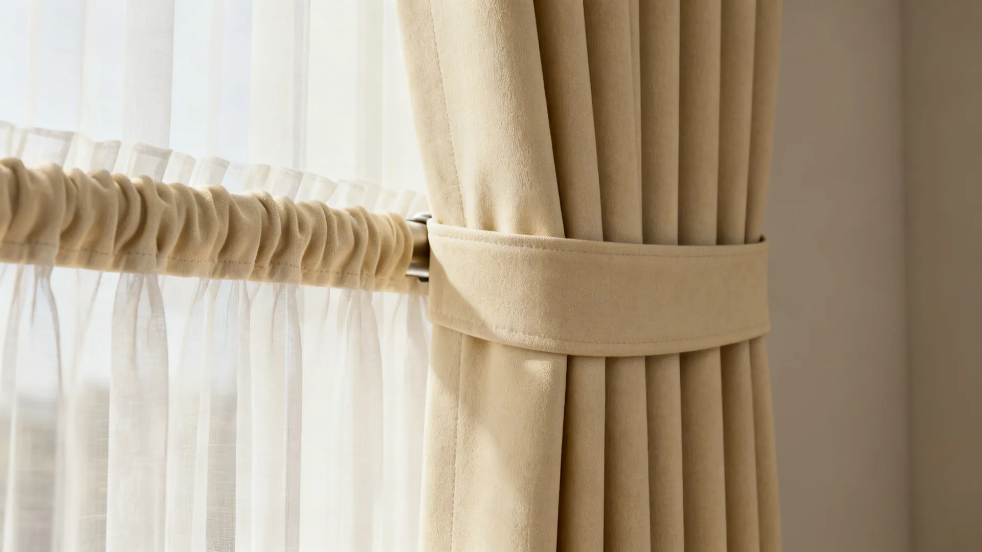 Macro view of layered sheer and heavier rod pocket curtains showing texture and gathers