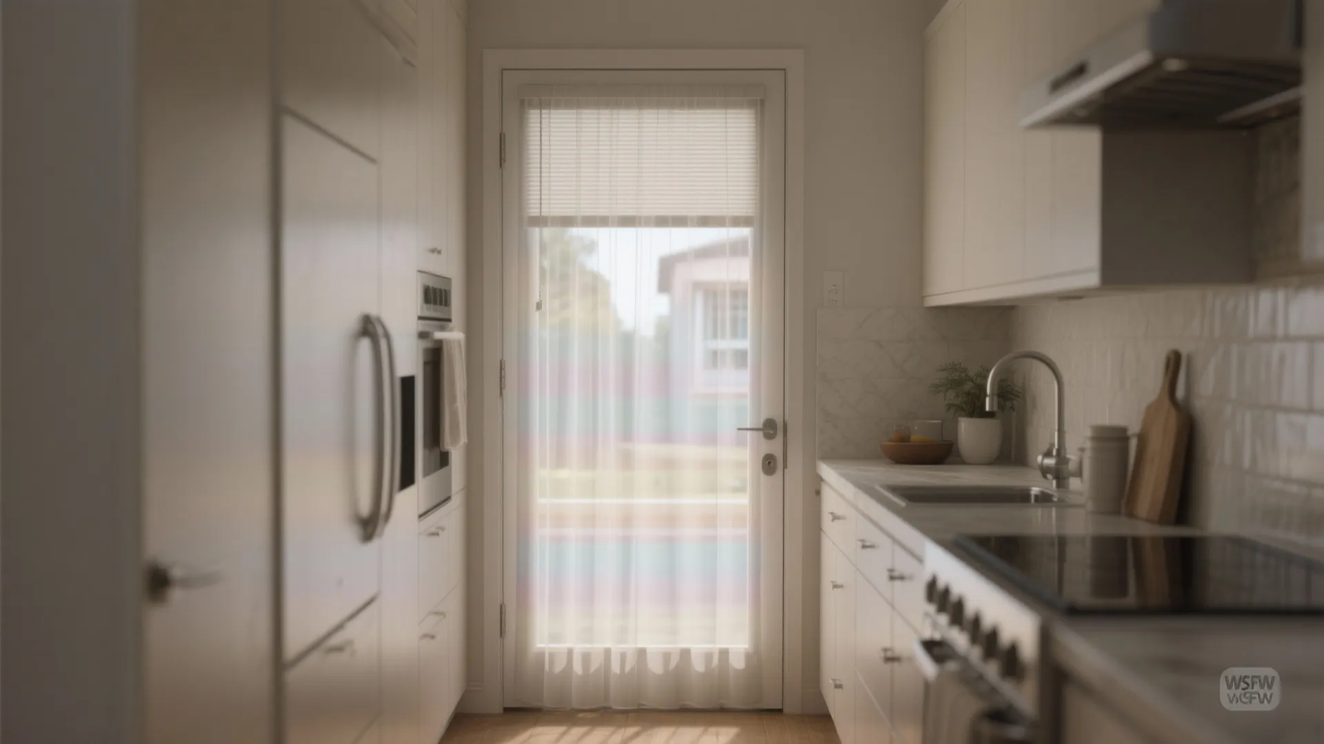 Modern kitchen with white cabinets and a glass door covered by a thin white curtain