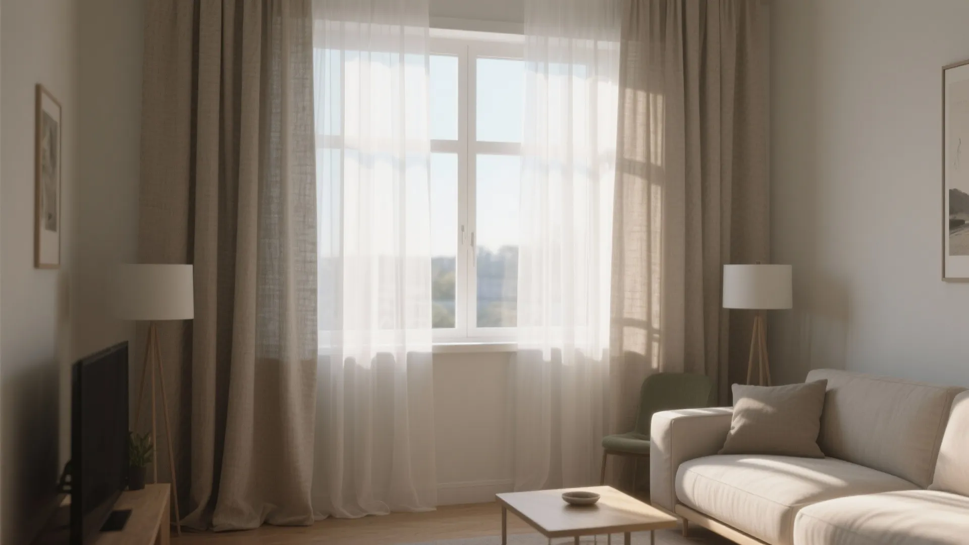 Bright living room with sheer white curtains layered under beige drapes and a comfortable sofa