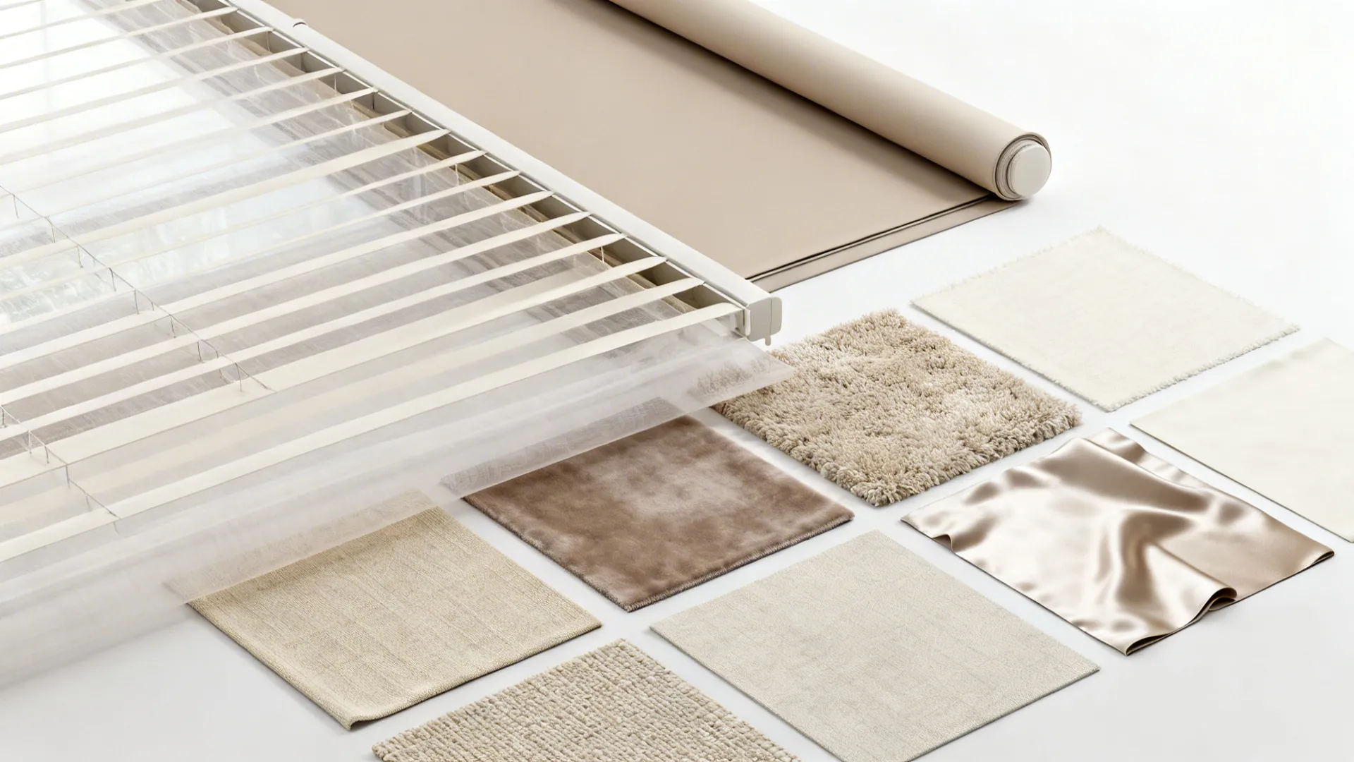 Flat lay collection of neutral fabric swatches including linen silk carpet and beige roller shade