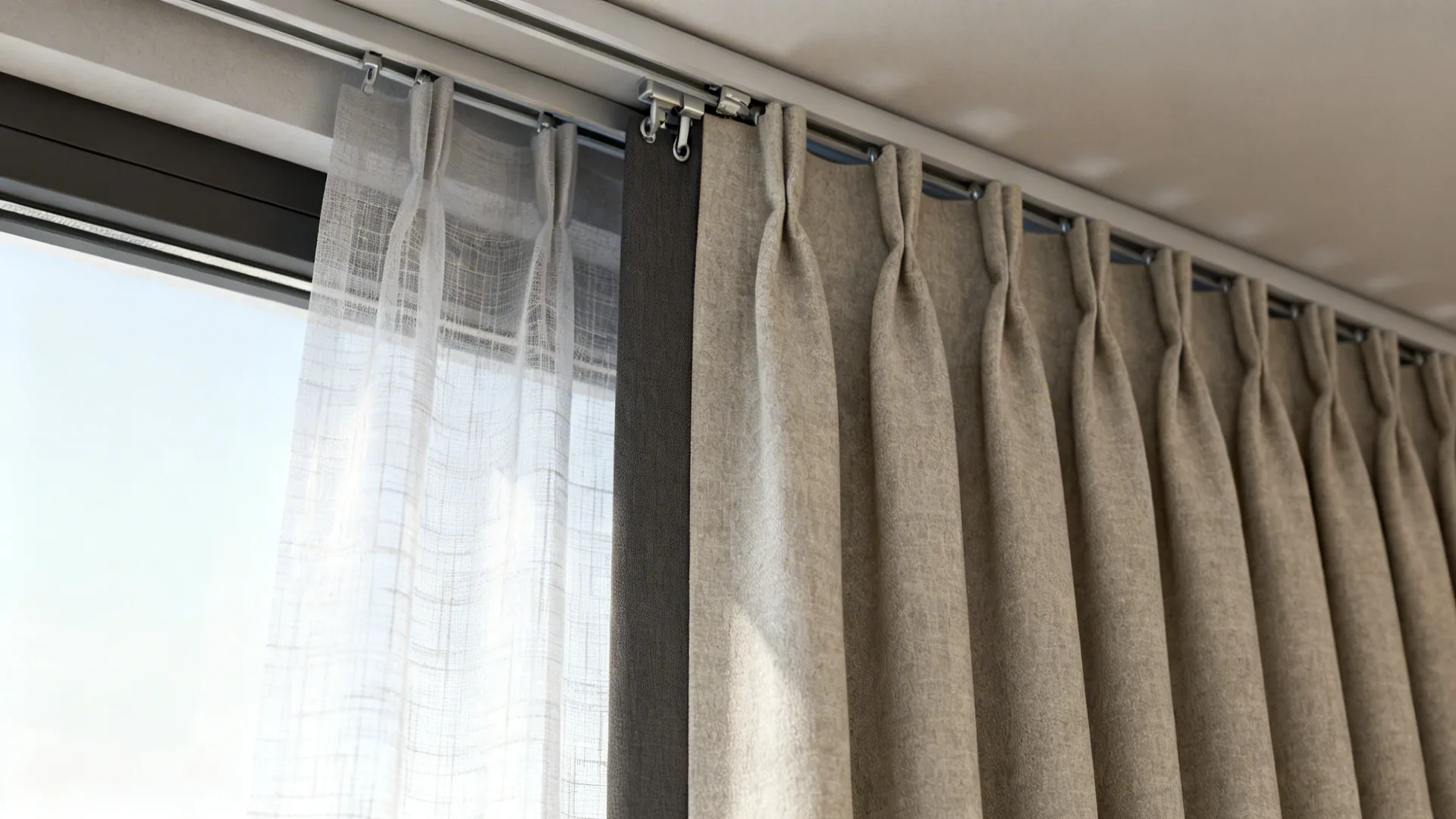 White sheer and beige curtains hanging from a white track on a ceiling near window