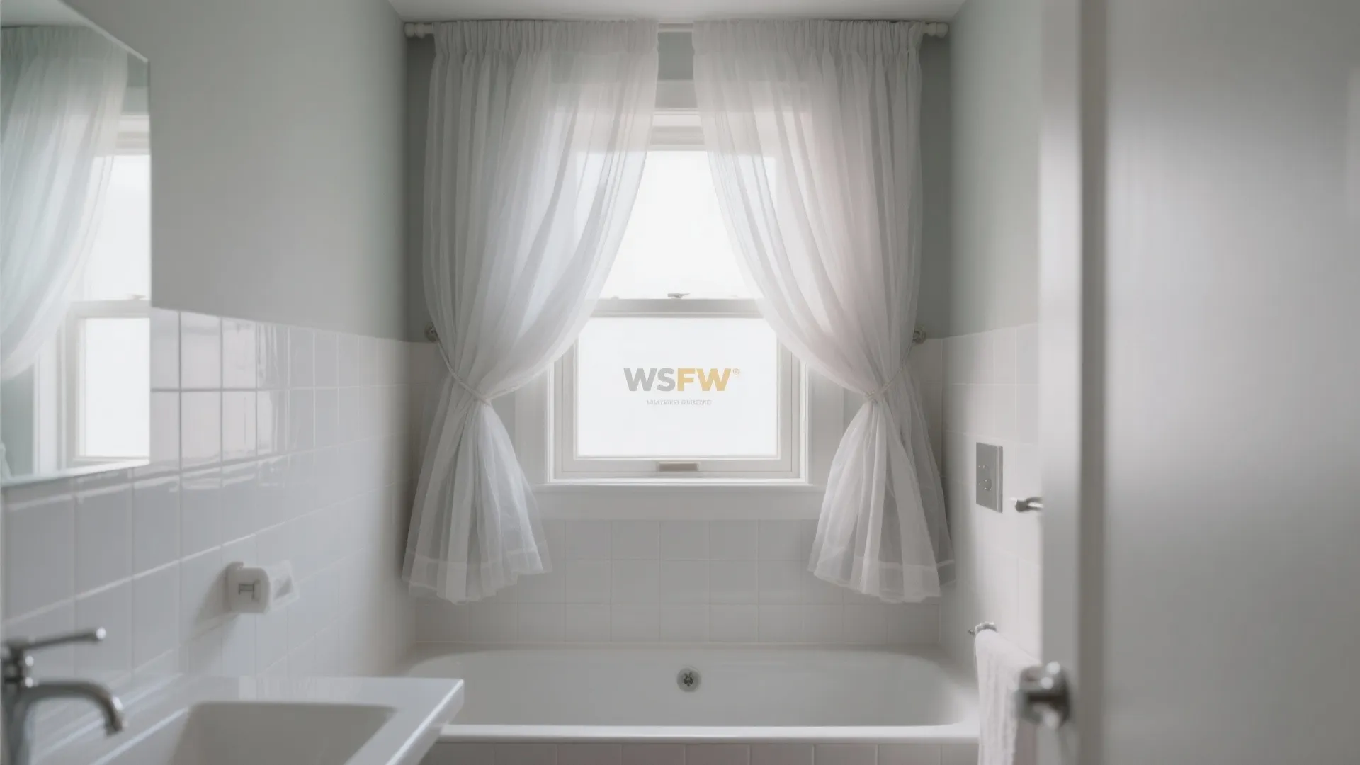 Bright white bathroom with a bathtub under a window decorated with thin white sheer curtains