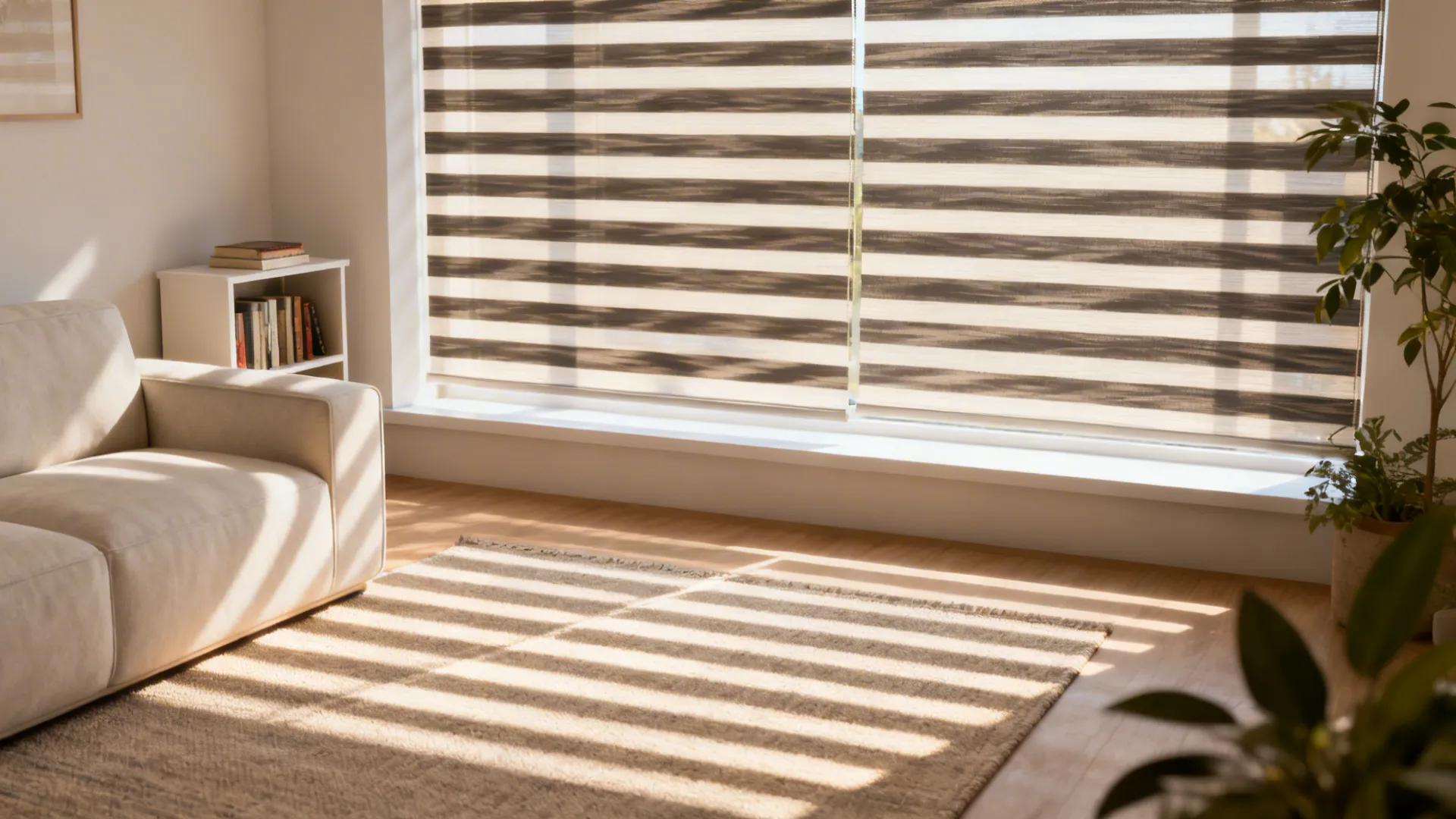 Bright living room with sheer layered zebra blinds filtering sunlight into soft bands.