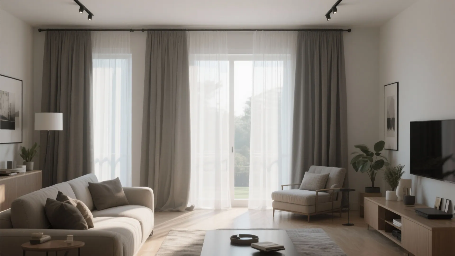Living room with sheer curtains and heavy drapes for light control