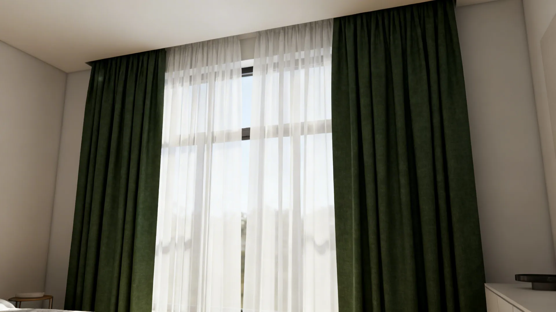 Window showing layered neutral sheer behind dark green opaque curtains with daylight filtering through.