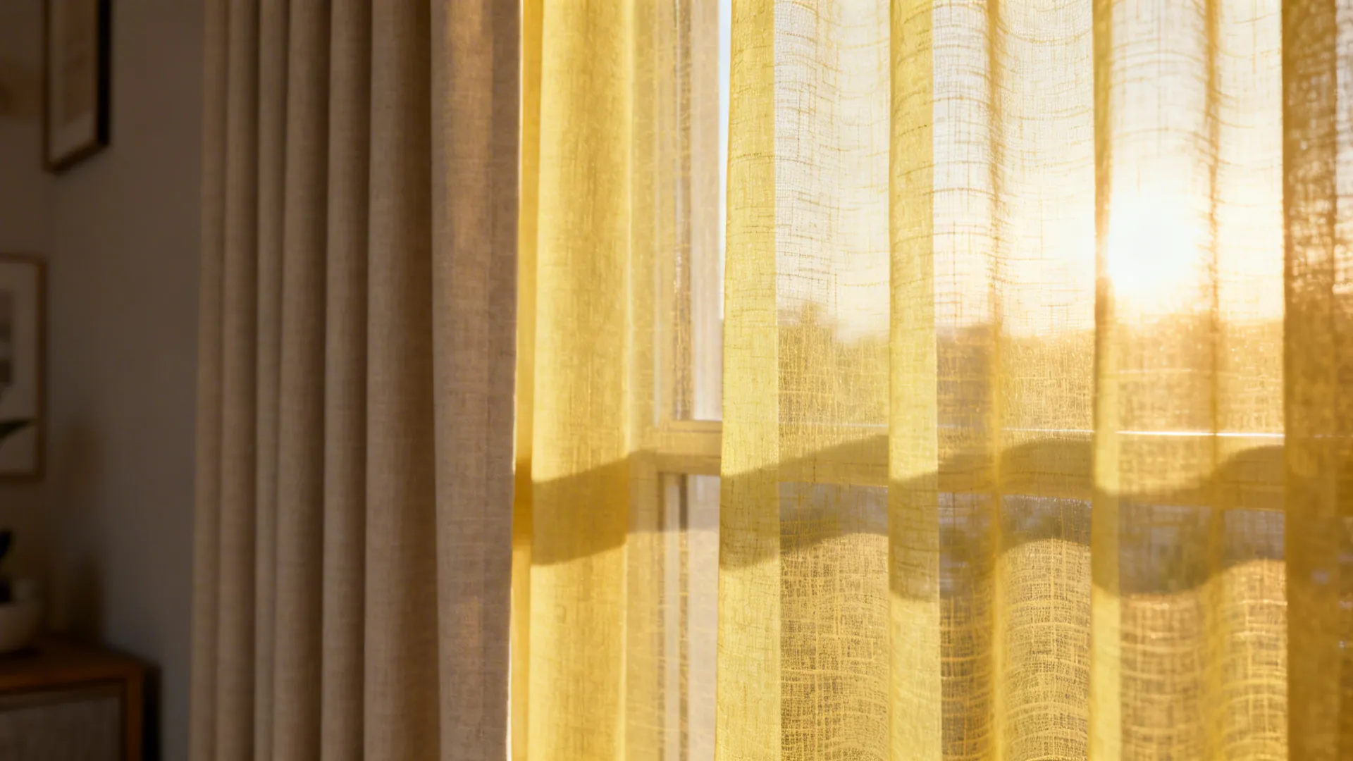 Close-up of light-yellow sheer layered over a neutral blackout panel with warm sunlight