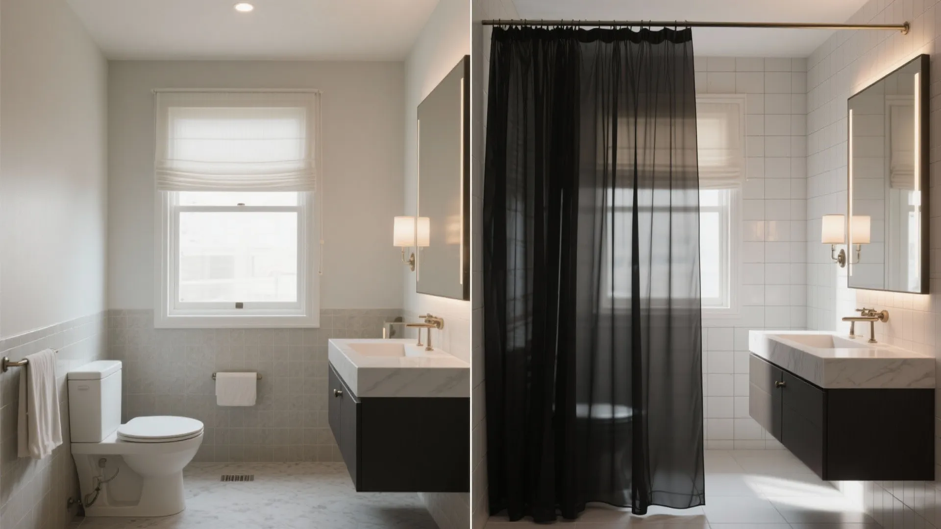 Before and after comparison of a bright bathroom and one with a black mesh curtain