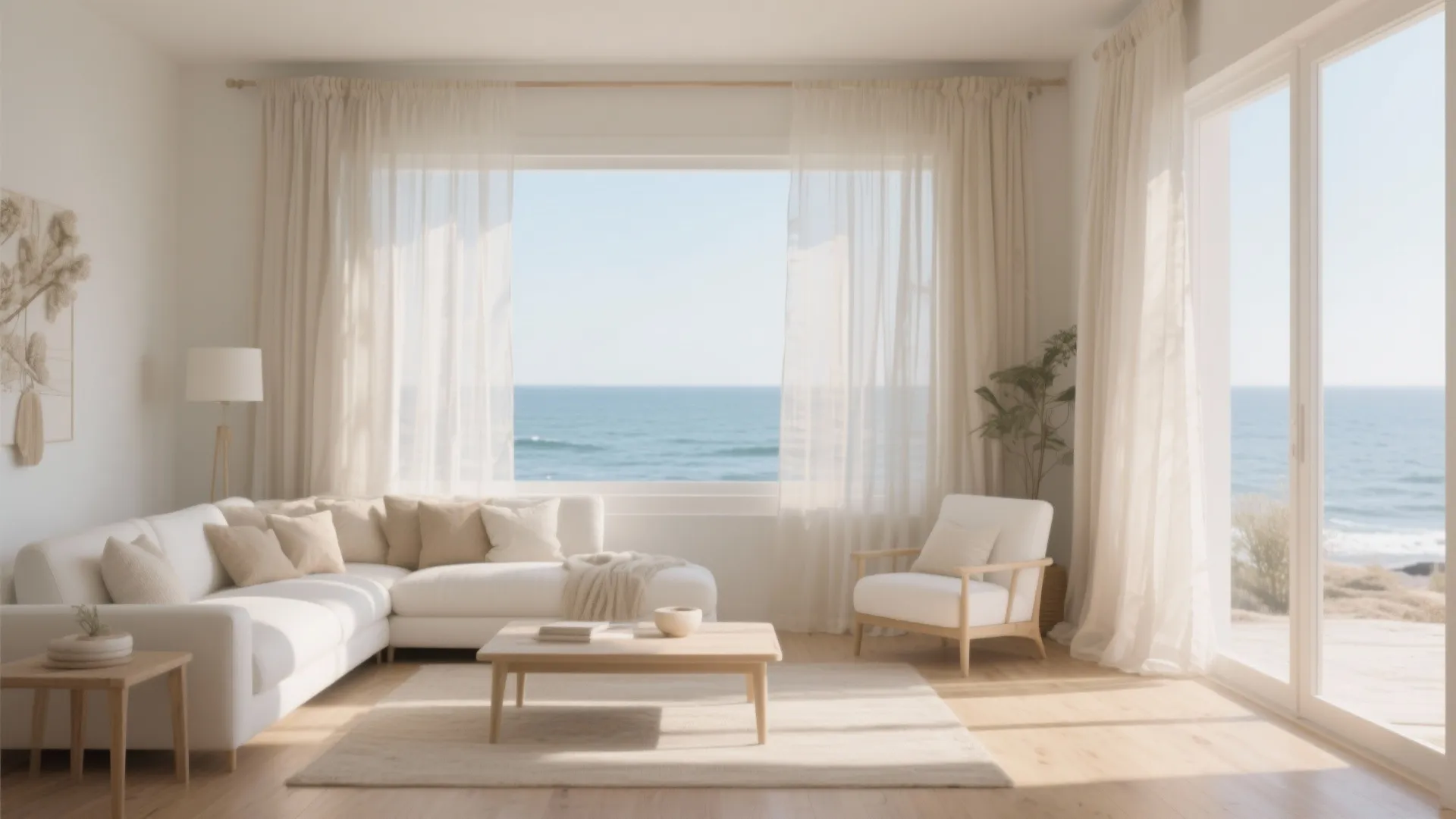 Modern white living room with sectional sofa, wooden table, sheer curtains, and beautiful ocean view