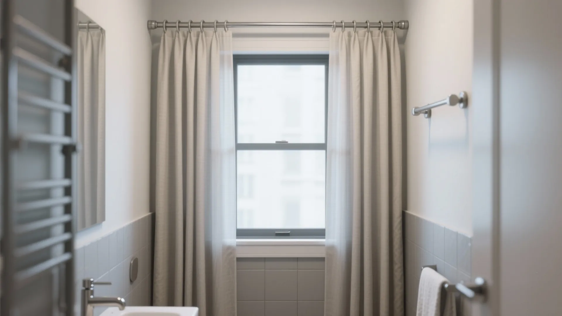 Layered sheer small bathroom window curtains with inner voile and outer linen-blend for privacy and light.