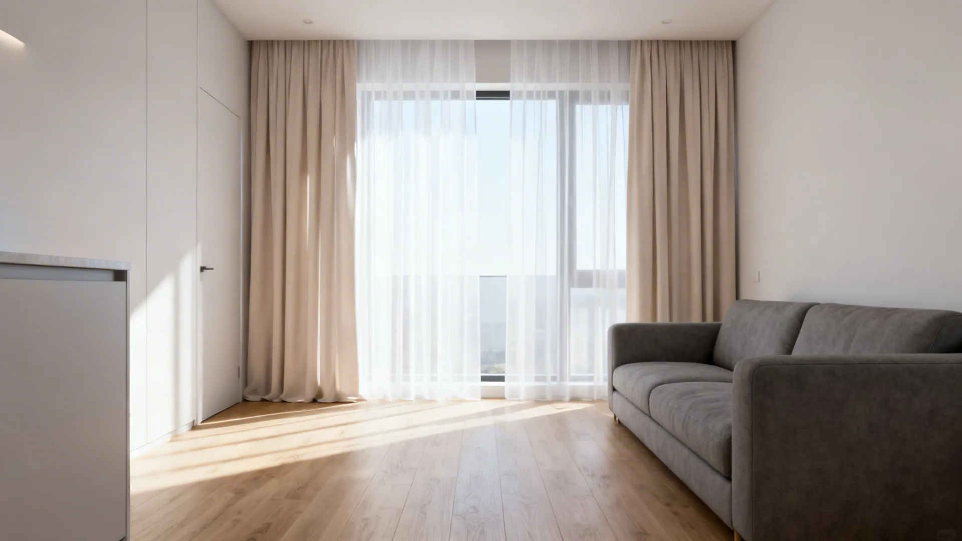 Grey couch with layered sheer and opaque curtains letting in diffused sunlight