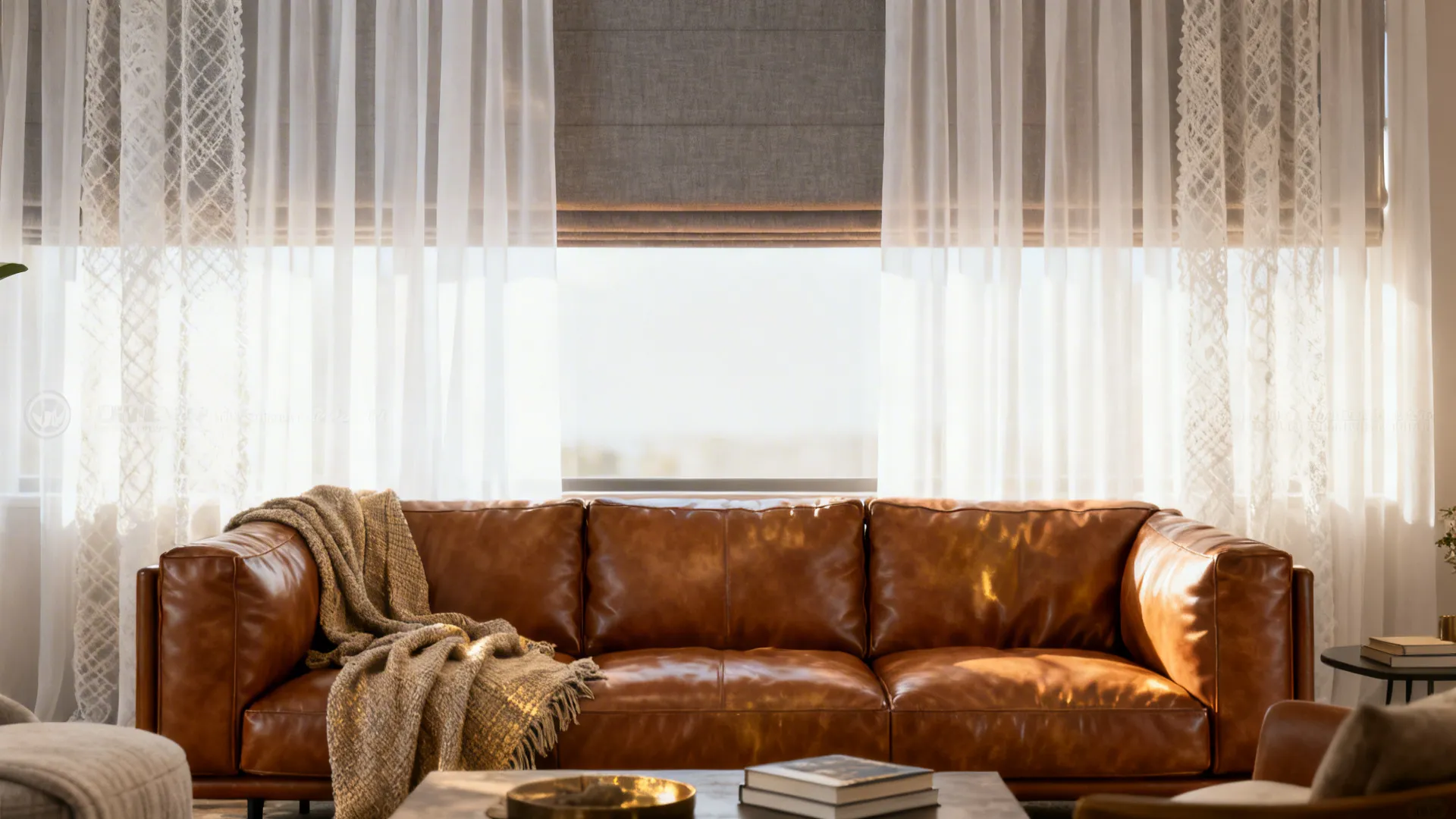 White sheers layered with warm gray blackout curtains behind a cognac sofa