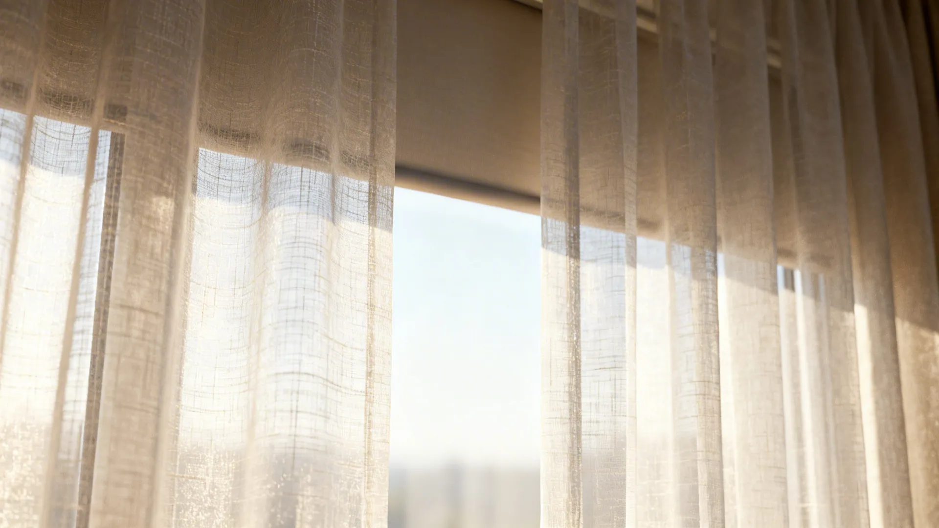 Dual-layer sheer curtains with soft daylight filtering through and a thin blackout roller in the background.