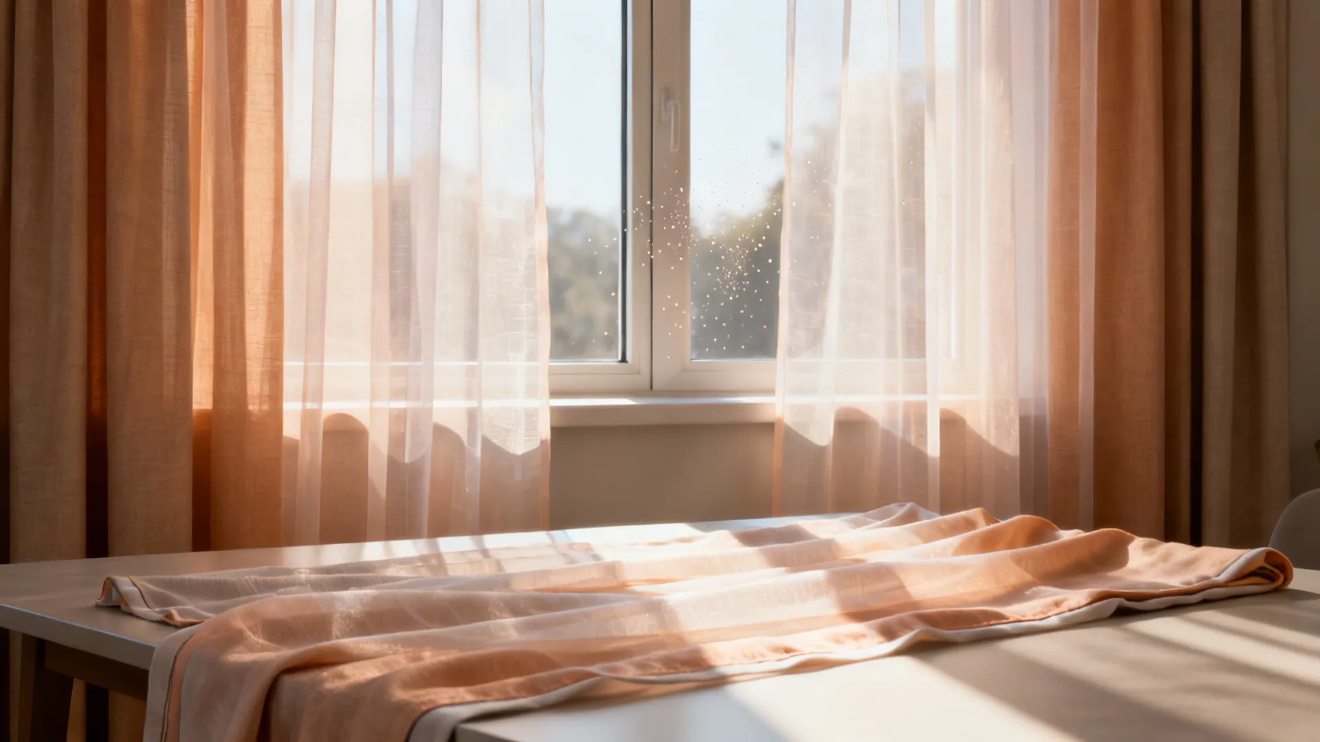 Thin orange curtains laying on a white table near a window with bright warm sunlight
