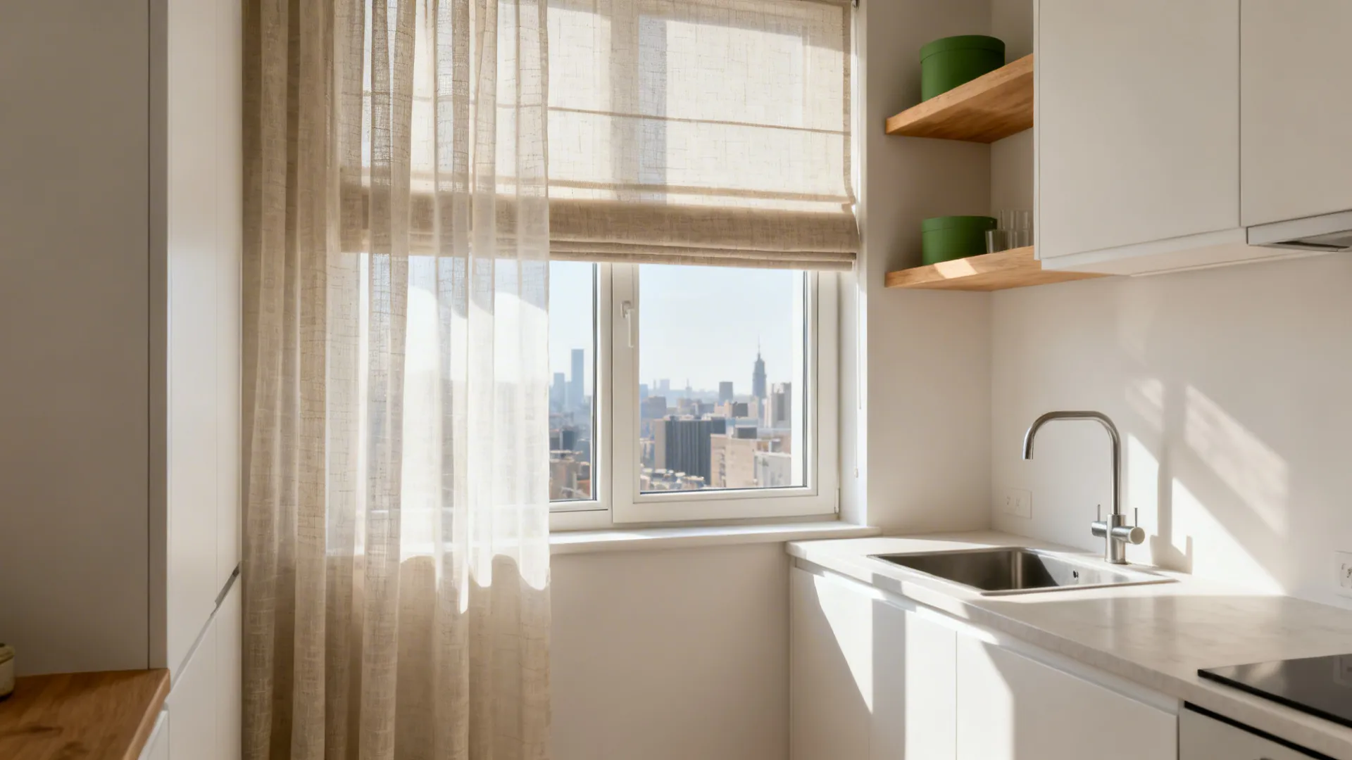 Small kitchen window with layered sheer linen curtains over a slim roller shade in soft daylight.