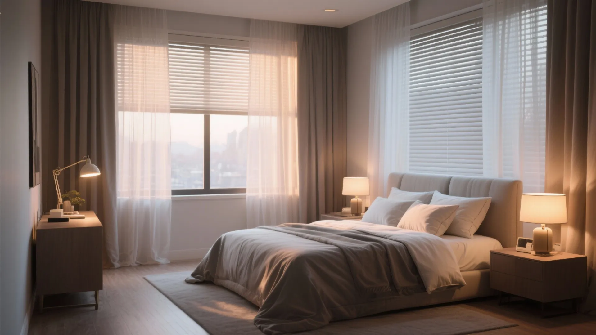 Bedroom with sheer curtains over blackout blinds and layered warm lighting