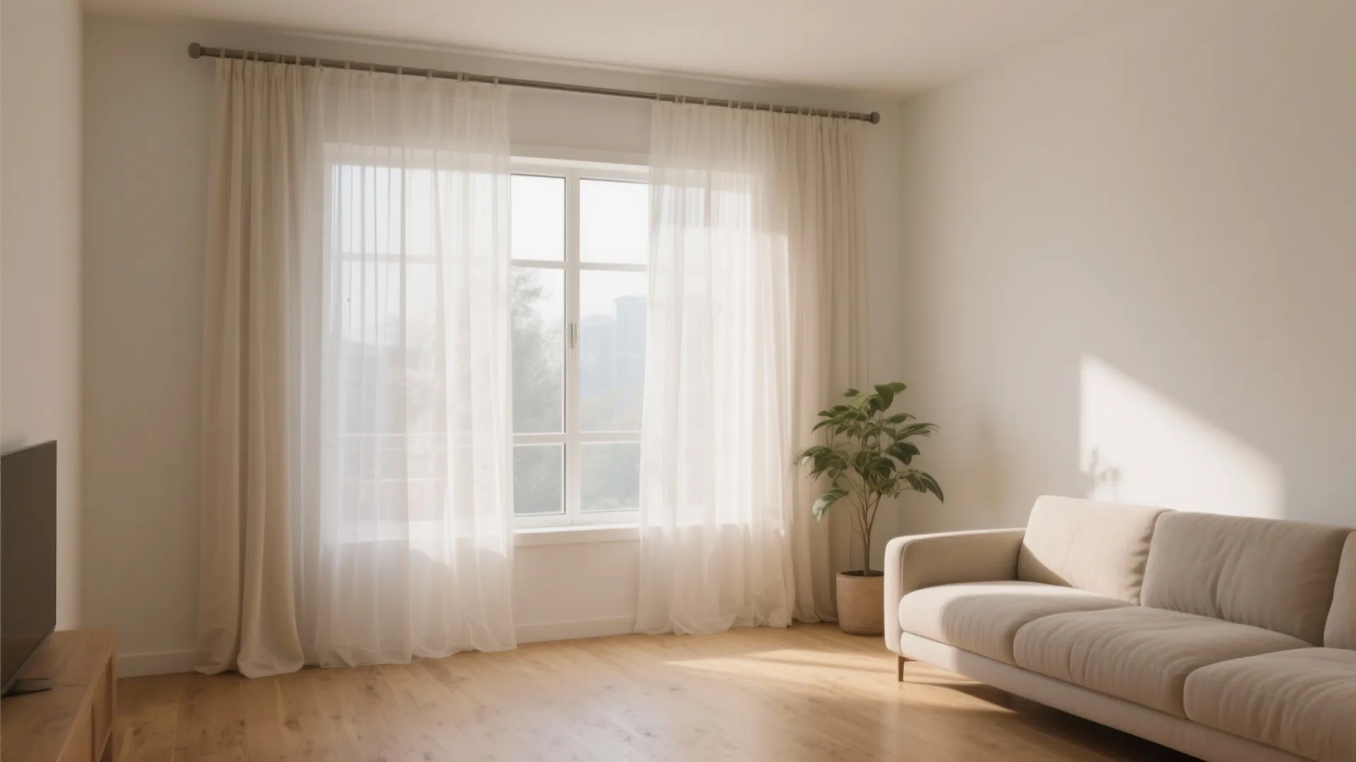 Bright living room with white curtain over window wooden floor cream sofa and green plant