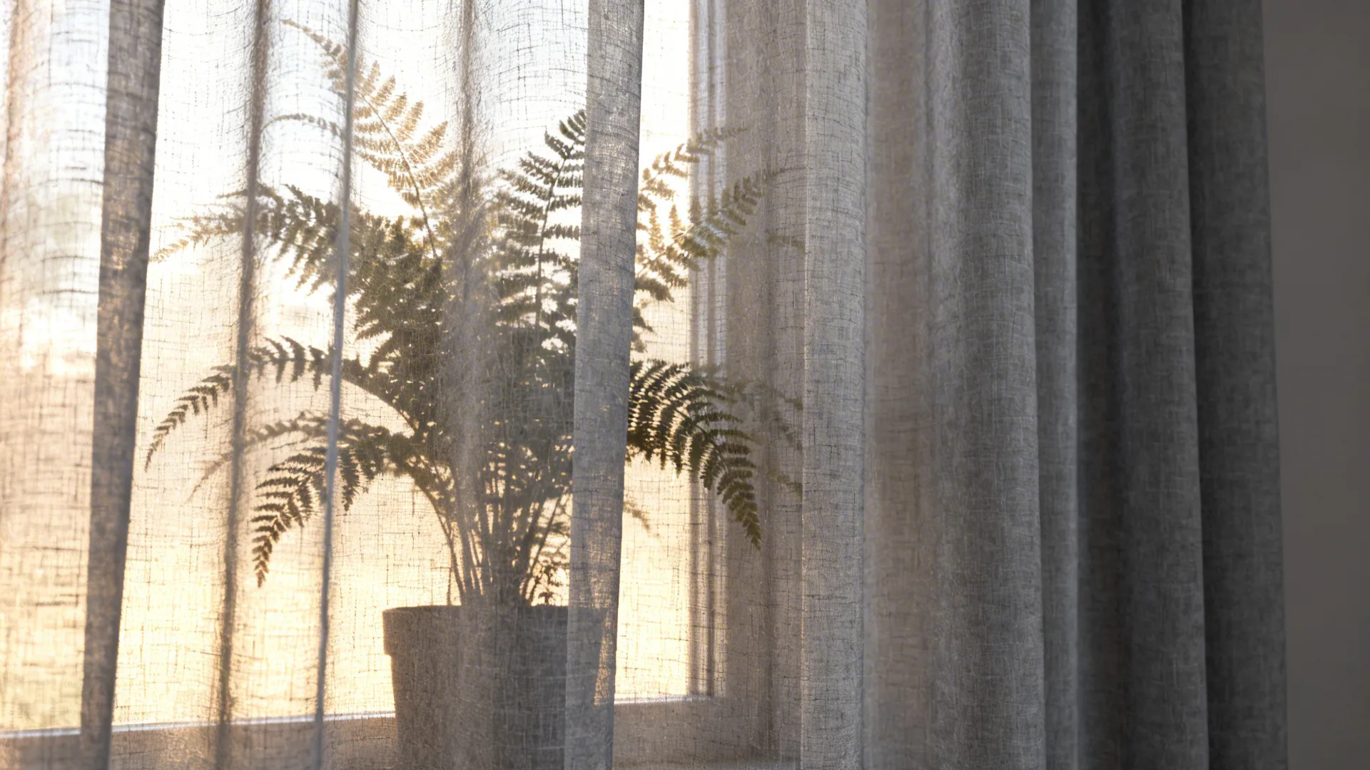 Close-up of sheer light grey curtain fabric with sunlight filtering through