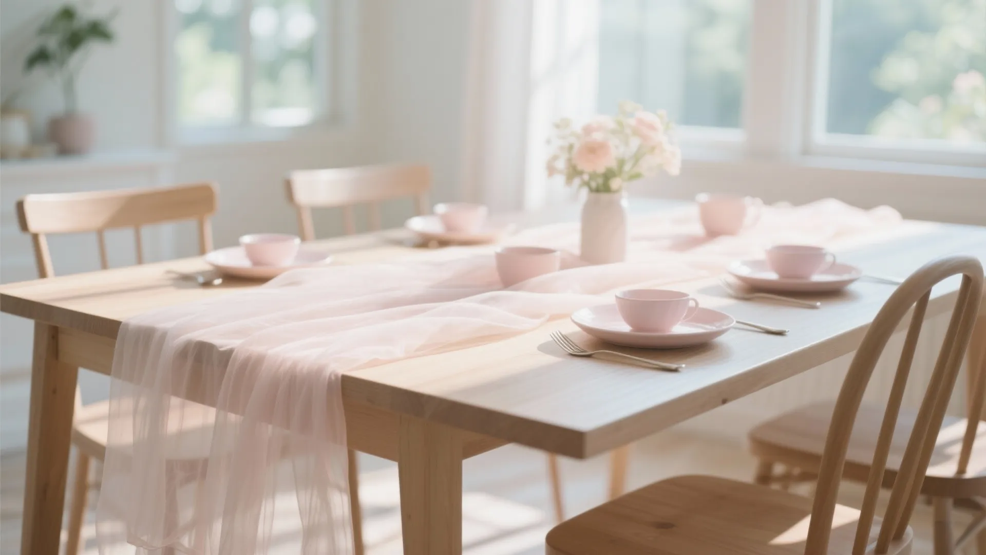 Light wood dining table with pink sheer fabric runner pink tea cups and fresh pink flowers