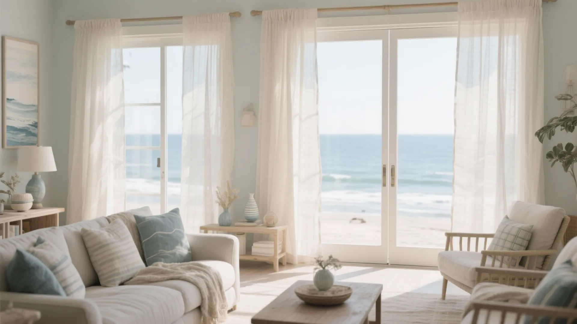 Bright coastal living room with white sofa, blue pillows, sheer curtains, and beautiful beach view