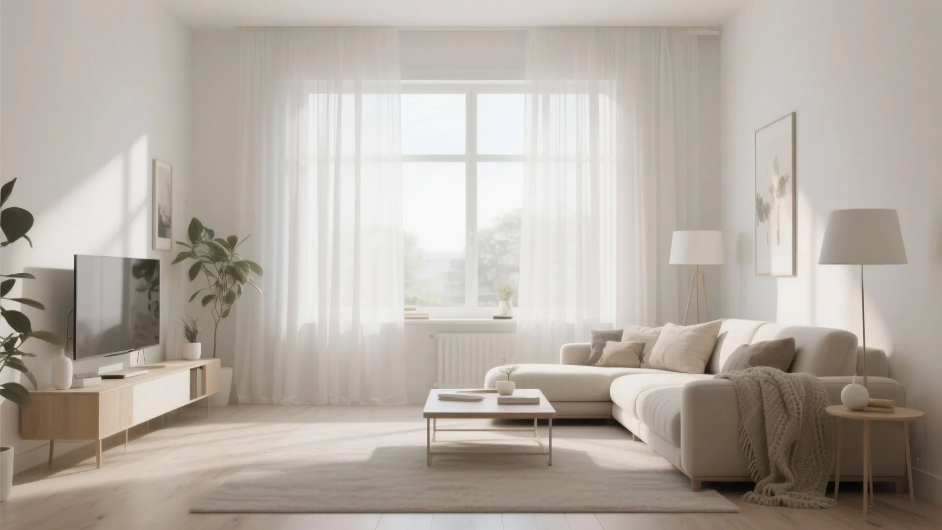 Minimalist living room with white sheer curtains cream sofa wooden cabinet large window and soft light