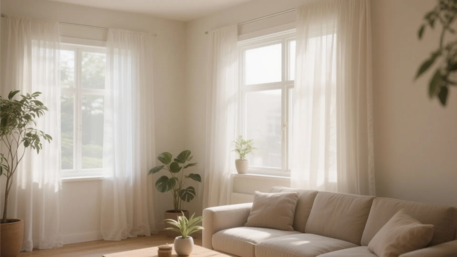 White sheer curtains in a bright living room with cream sofa green plants and sunlight