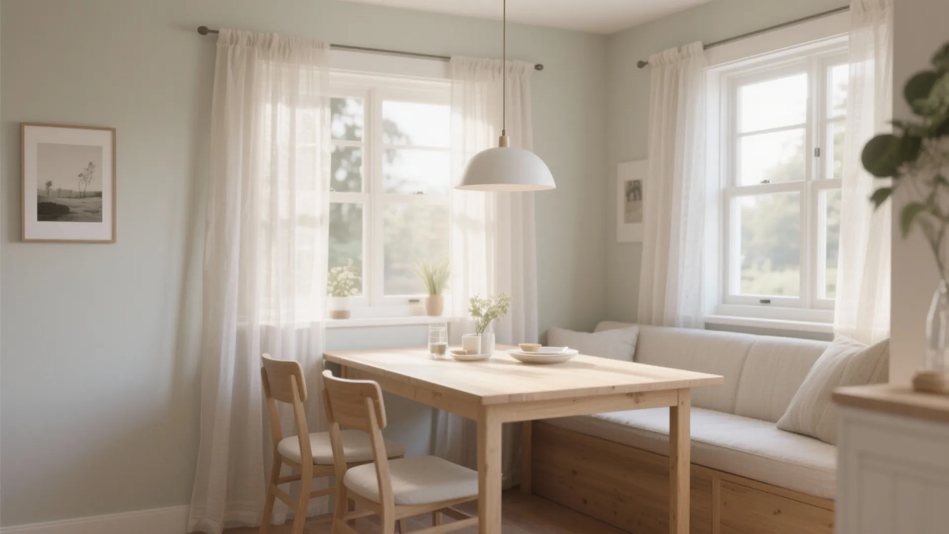 Small dining nook with sheer linen curtains and pale oak furniture