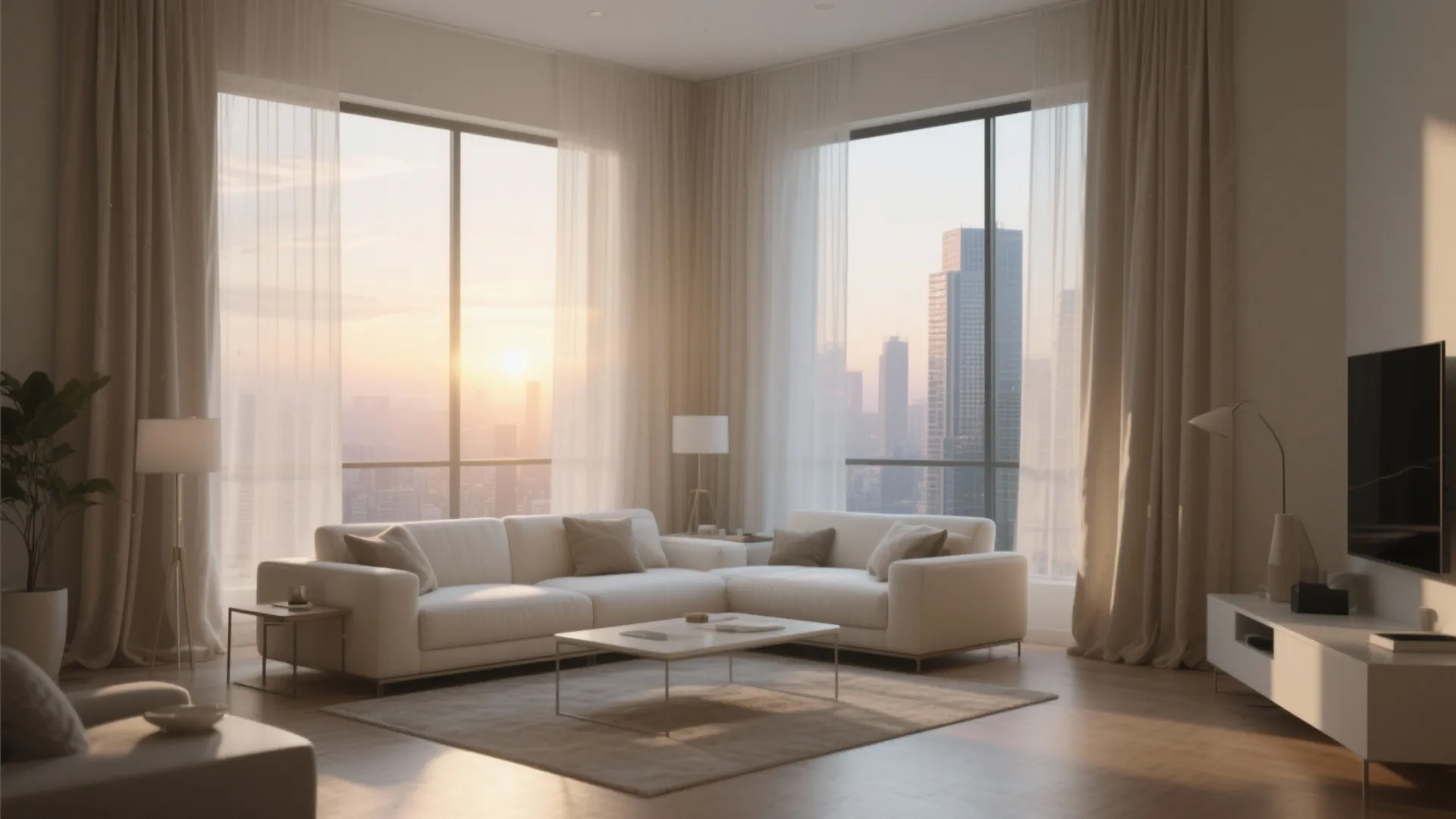 High-rise living room with sheer linen drapes and soft sunrise light