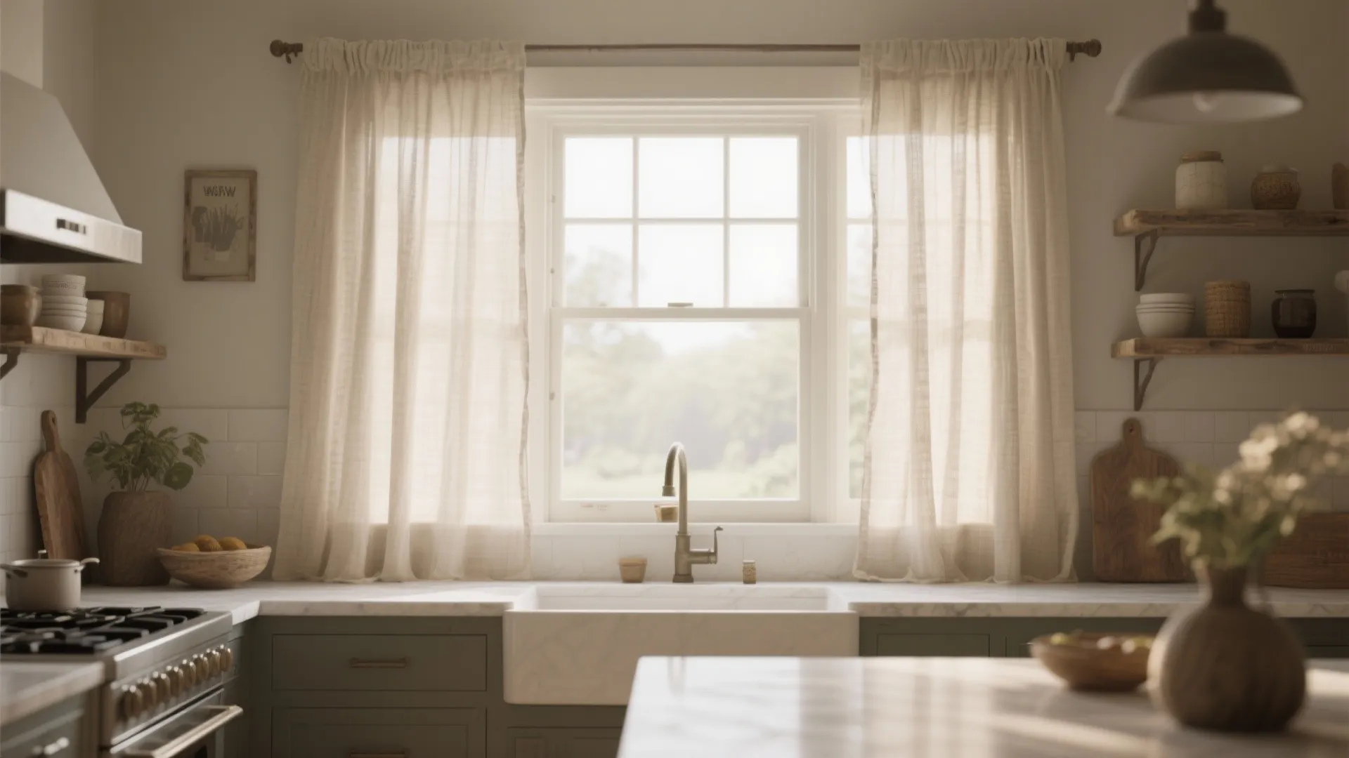Kitchen window with sheer linen drapes softly diffusing sunlight