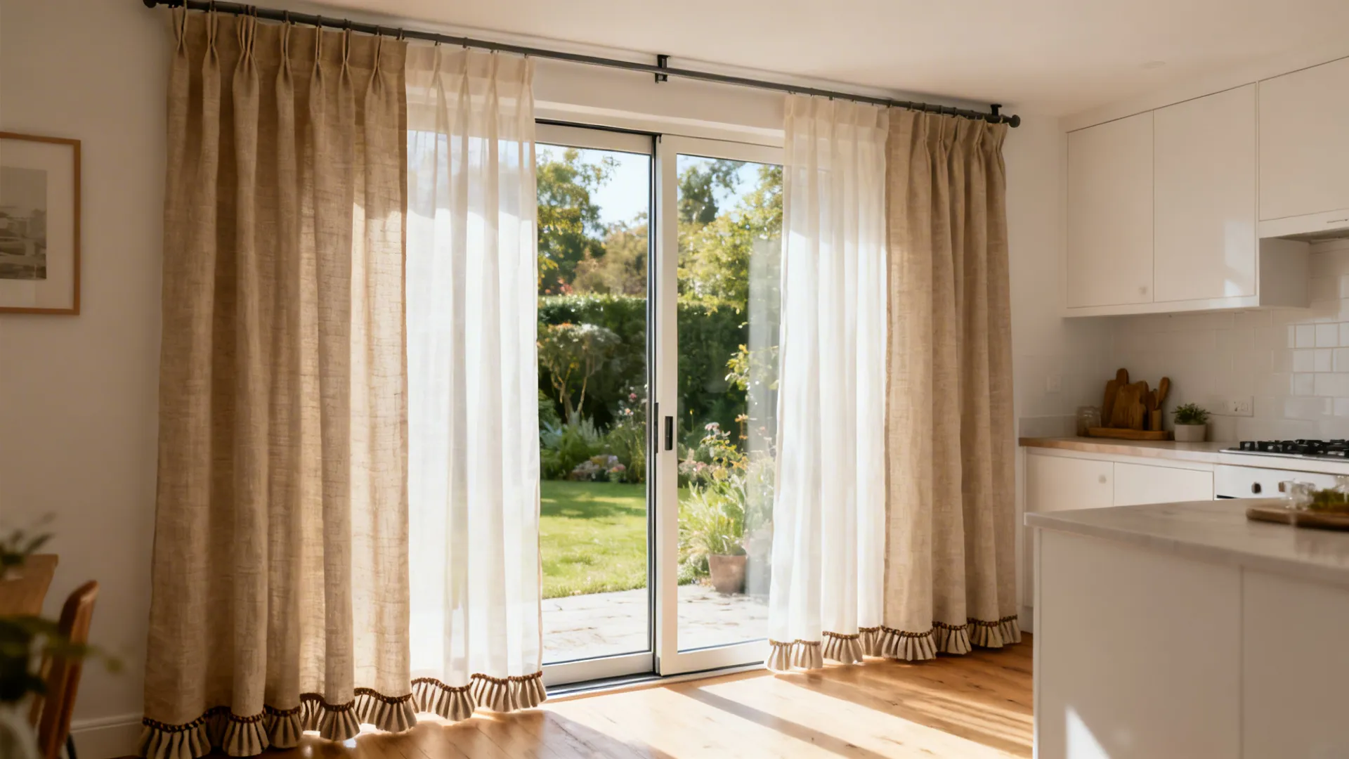 Sliding door with double-layer sheer linen curtains filtering light in a small kitchen.
