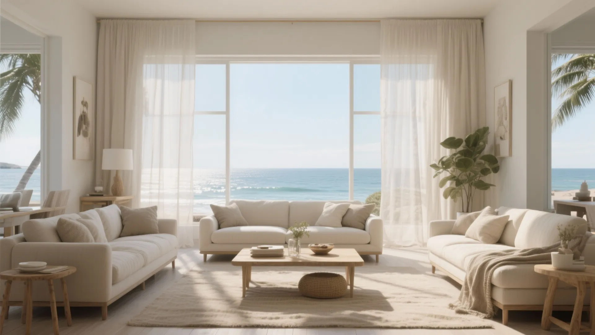 Bright living room with white sofas, wooden coffee table, sheer curtains, and blue sea view